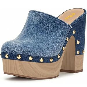Fendi Denim Blue Mules with Gold Accents